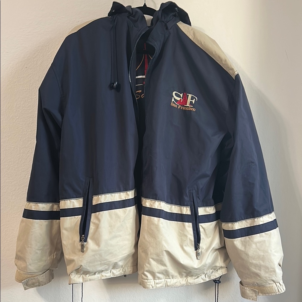 Vintage Blue and Cream San Fransisco Winter Jacket with Color Block Design